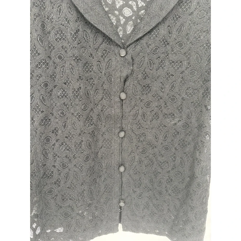 LOFT Women's Black Lace Button Down Top With Lapel and puff Sleeve Size Small